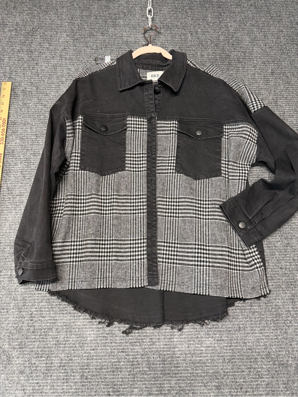 BKE Black and Gray Plaid Mixed-Media Button-Down Shirt Jacket buckle Shacket